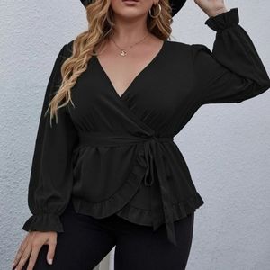 ⚡2/$20⚡1XL Plus Wrap Frill Trimed Belted Blouse - SHEIN